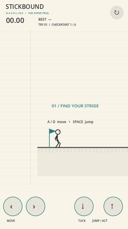 Stickbound development capture: a stick figure at the start of a paper-themed platforming level